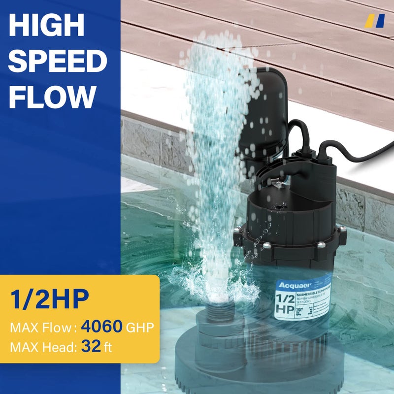 Acquaer 1/2 HP Sump Pump, 4060 GPH Submersible Clean/Dirty Water Pump with Adjustable Float Switch for Garden Pool, Basement, Flooded House, Hot Tub and Irrigation, Max head 32 ft. - Image 4